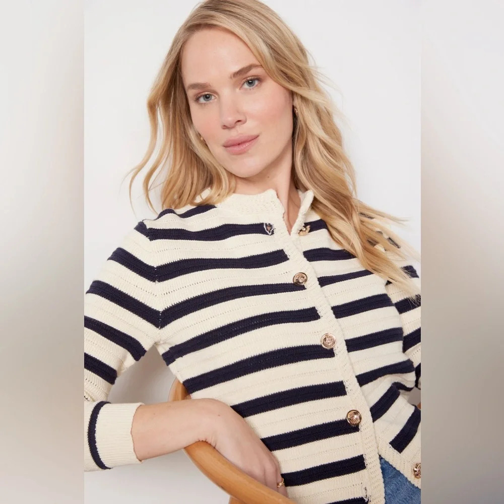 Classic Evereve Cream and Navy Striped Knit Cardigan with gold buttons